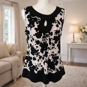 Cocomo Petite Black White Floral Sleeveless Blouse Keyhole Neckline M